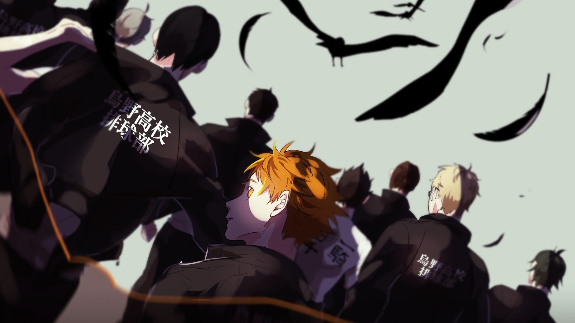 HD anime desktop wallpaper featuring Shōyō Hinata and teammates from Haikyū!! in dynamic black volleyball uniforms with a pale background and stylized black crows overhead.