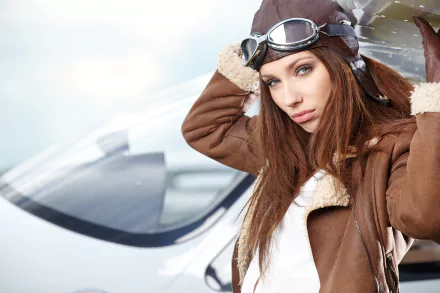 Redhead woman model with blue eyes wearing an aviator helmet and brown shearling jacket, posed in front of a small aircraft, captured in 4K Ultra HD quality.
