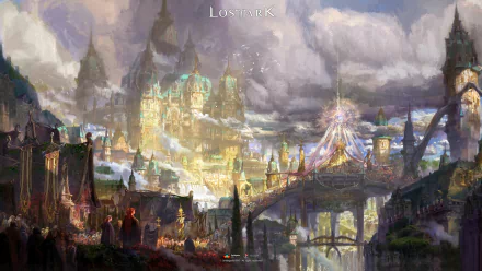 4K Ultra HD PC wallpaper featuring a vibrant, detailed fantasy cityscape from the video game Lost Ark, with towering buildings and dramatic skies.