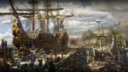 4K Ultra HD Lost Ark PC wallpaper showcasing a detailed fantasy harbor scene with a grand ship docked amid medieval architecture and soaring dragons under a cloudy sky.