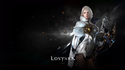 Lost Ark video game 2K Quad HD PC desktop wallpaper: pale‑haired female warrior in white armor holding an ornate shield against a dark, smoky background with embers.
