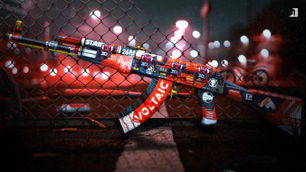 HD PC desktop wallpaper featuring a vibrant, sticker-covered assault rifle from the video game Counter-Strike: Global Offensive against a blurred nighttime urban backdrop.