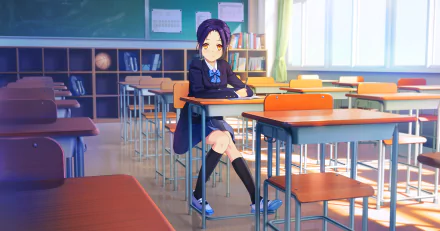 Anime girl in a bright school classroom, depicted in 4K Ultra HD, creating a vibrant and detailed PC desktop wallpaper background.