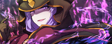 Medea (Fate Series) — Fate/Grand Order anime close-up: hooded, purple-haired mage smirks as violet magic swirls around her; 2K Quad HD PC desktop wallpaper/background.