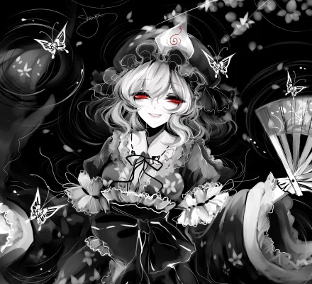 HD PC desktop wallpaper featuring Yuyuko Saigyouji from Touhou, depicted with flowing hair, a fan, and surrounded by butterflies in a monochrome style with red eyes.