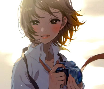 Anime-style original artwork of a smiling short-haired girl with brown eyes and hair holding a camera, captured in a warm, glowing light.