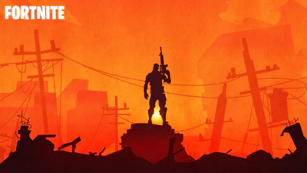 Silhouette of a warrior holding a weapon against a vibrant sunset in a post-apocalyptic setting, inspired by the video game Fortnite. HD desktop wallpaper and background.