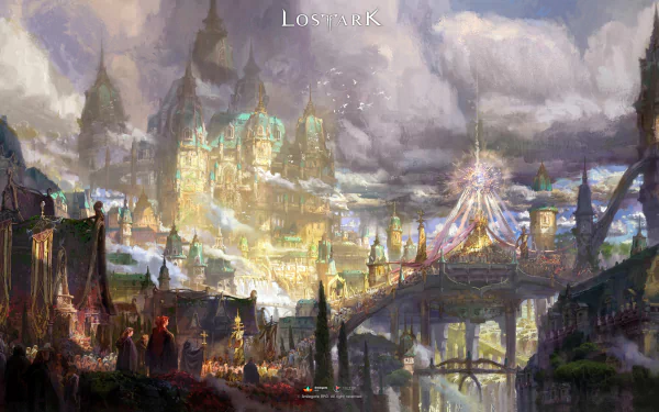 4K Ultra HD PC wallpaper featuring a vibrant, detailed fantasy cityscape from the video game Lost Ark, with towering buildings and dramatic skies.