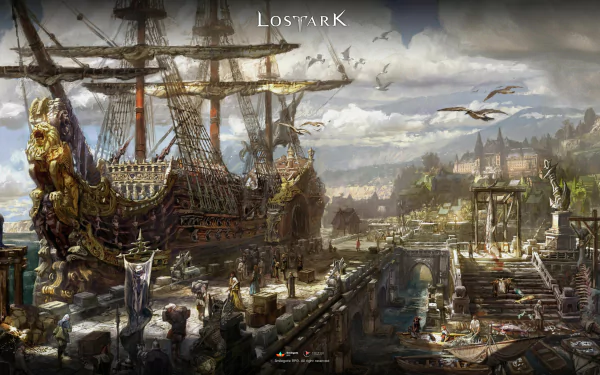 4K Ultra HD Lost Ark PC wallpaper showcasing a detailed fantasy harbor scene with a grand ship docked amid medieval architecture and soaring dragons under a cloudy sky.