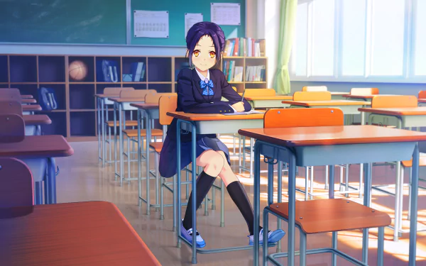 Anime girl in a bright school classroom, depicted in 4K Ultra HD, creating a vibrant and detailed PC desktop wallpaper background.