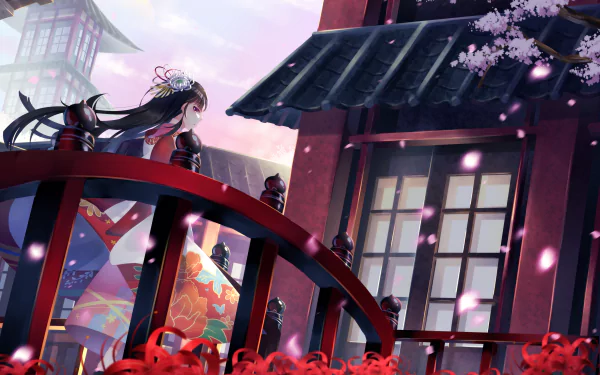 headdress flower kimono black hair long hair Anime Original HD Desktop Wallpaper | Background Image