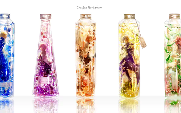 4K Ultra HD anime wallpaper featuring Mashu Kyrielight, Saber, Romani Archaman, Jeanne d'Arc, and Ritsuka Fujimaru from Fate/Grand Order in colorful bottled art.