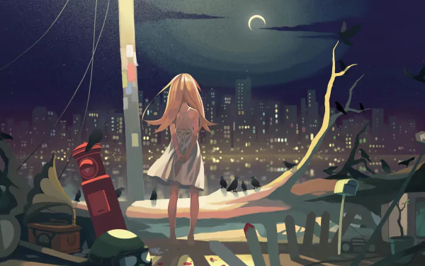 A stunning 4K Ultra HD wallpaper featuring Shinobu Oshino from the Monogatari series, standing in a cityscape at night, with a crescent moon and a beautifully textured background.