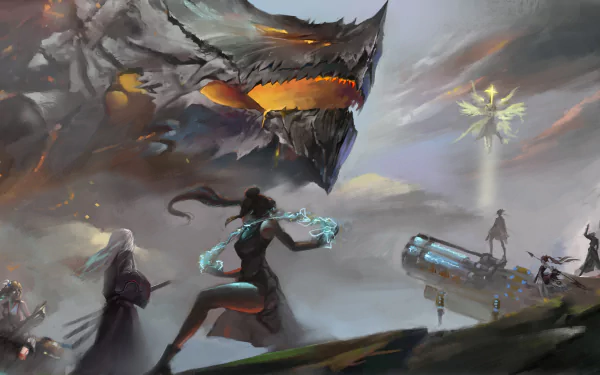 5K Ultra HD PC desktop wallpaper: Dungeon Fighter Online battle with an angelic warrior and allies confronting a massive, fiery dragon over a stormy battlefield.