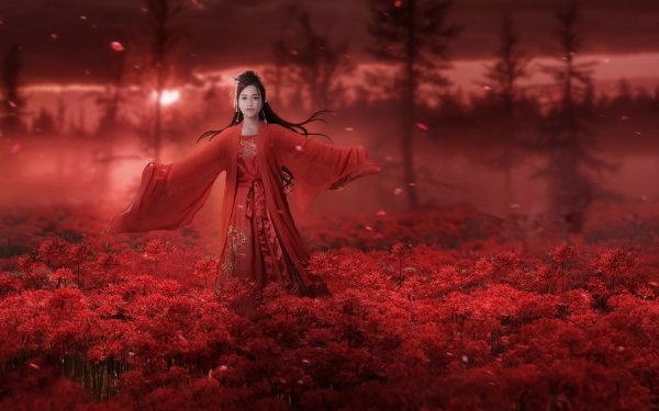 Women Asian Model Manipulation Red Flower Red Dress Brunette Long Hair HD Wallpaper | Background Image