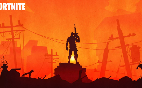 Silhouette of a warrior holding a weapon against a vibrant sunset in a post-apocalyptic setting, inspired by the video game Fortnite. HD desktop wallpaper and background.