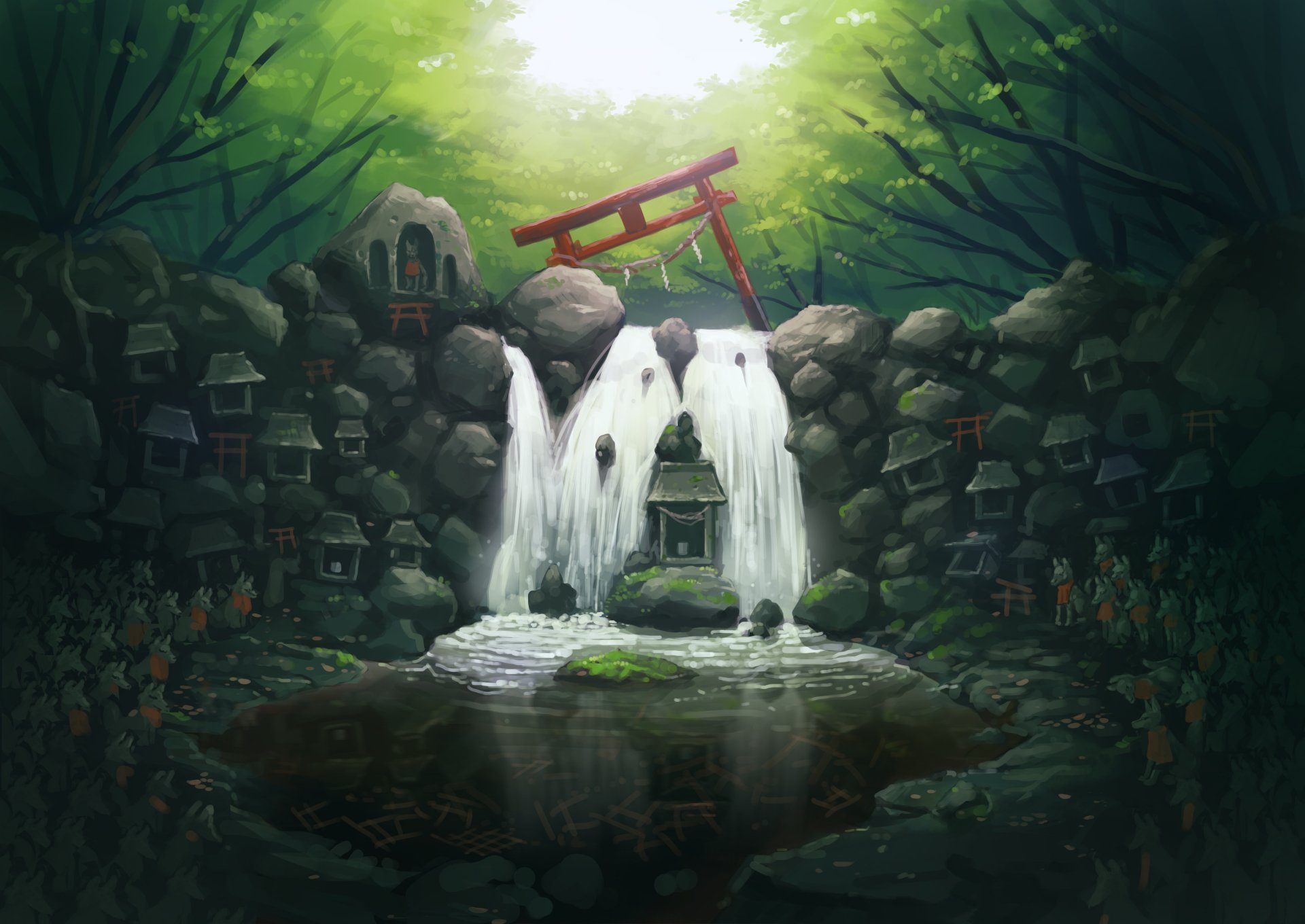 4K Ultra HD PC desktop wallpaper — fantasy oriental scene: a lush forest shrine with a twin waterfall flowing into a reflective river, stone lanterns and a red torii framed by verdant nature.