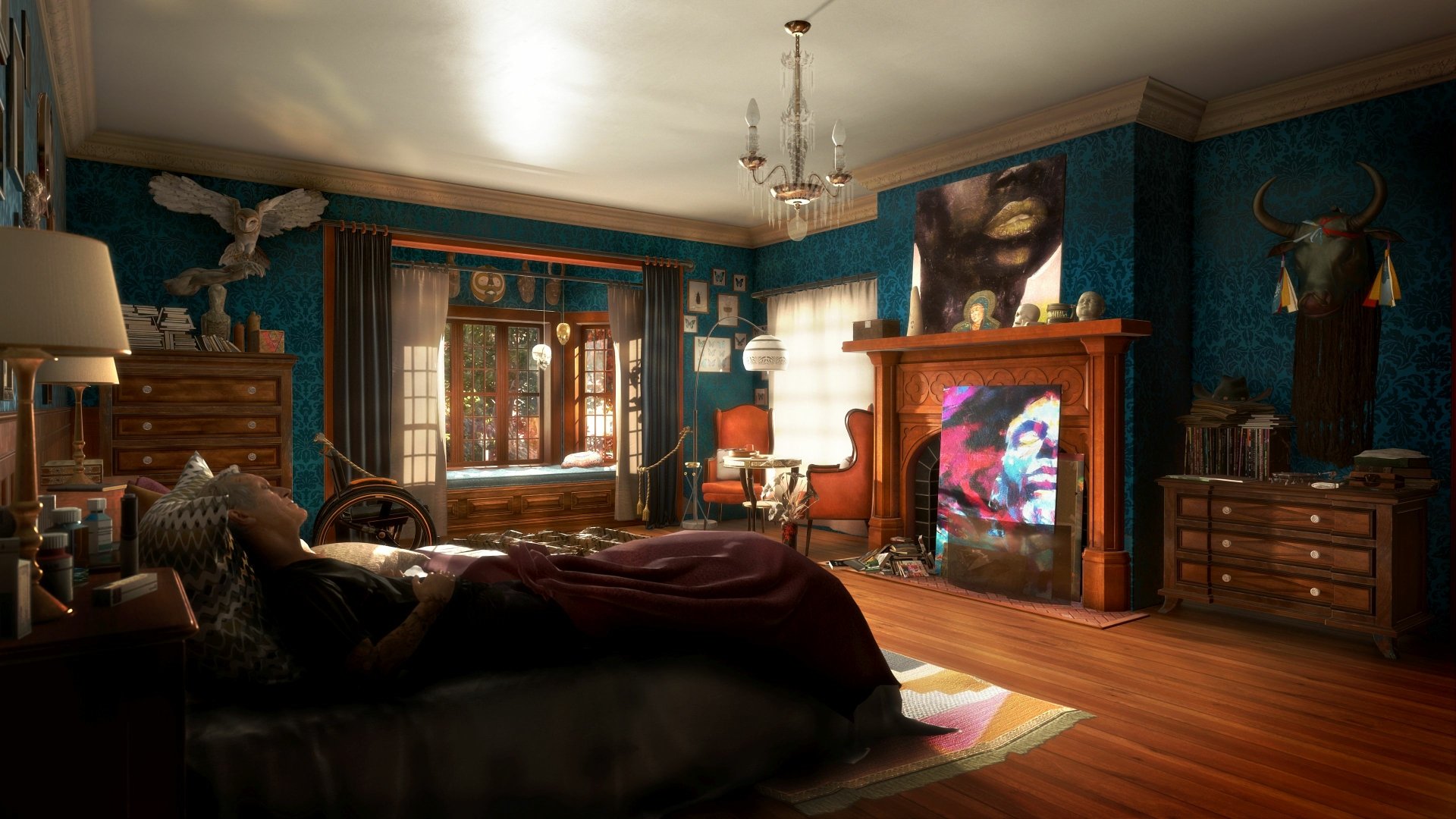 4K Ultra HD PC desktop wallpaper from the video game Detroit: Become Human — moody sunlit bedroom with vintage furniture, hardwood floors, mounted animals, and a glowing fireplace screen.