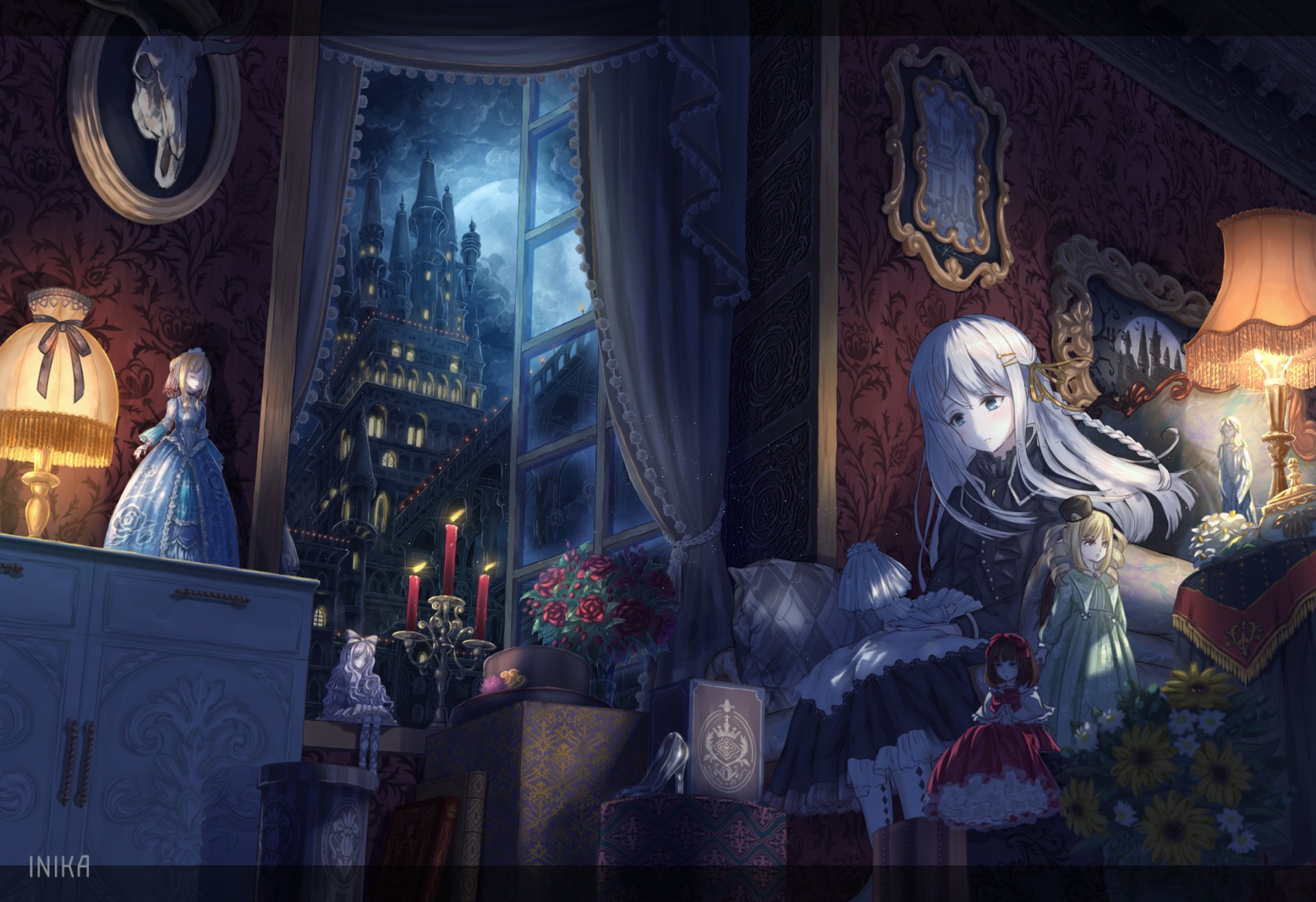 Anime-style painting of a white-haired doll with blue eyes and braided long hair, surrounded by flowers, inside a room with a castle visible through a window at night.