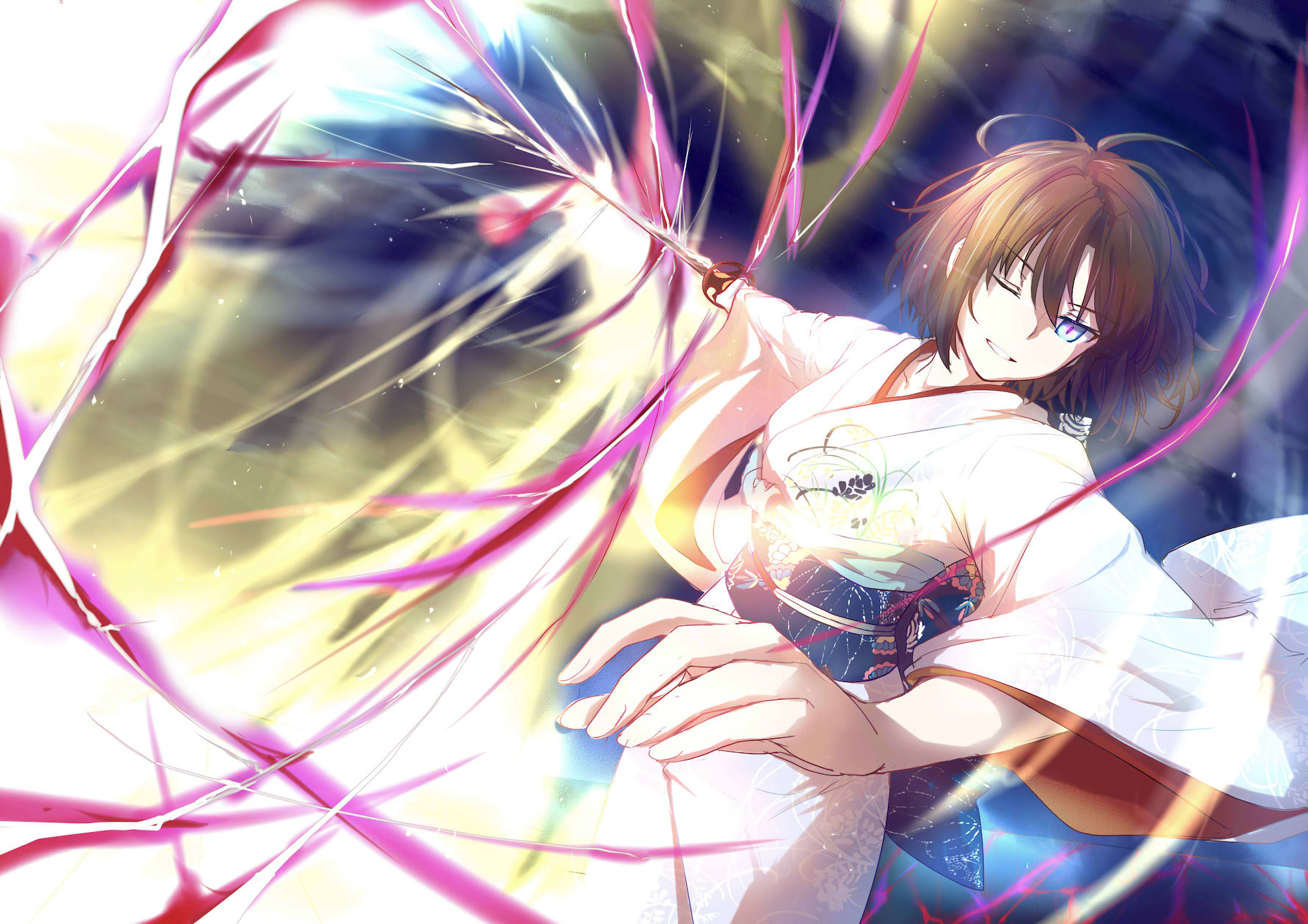 HD anime desktop wallpaper featuring Shiki Ryougi from Fate/Grand Order, depicted in dynamic motion with glowing, vibrant energy effects surrounding her.
