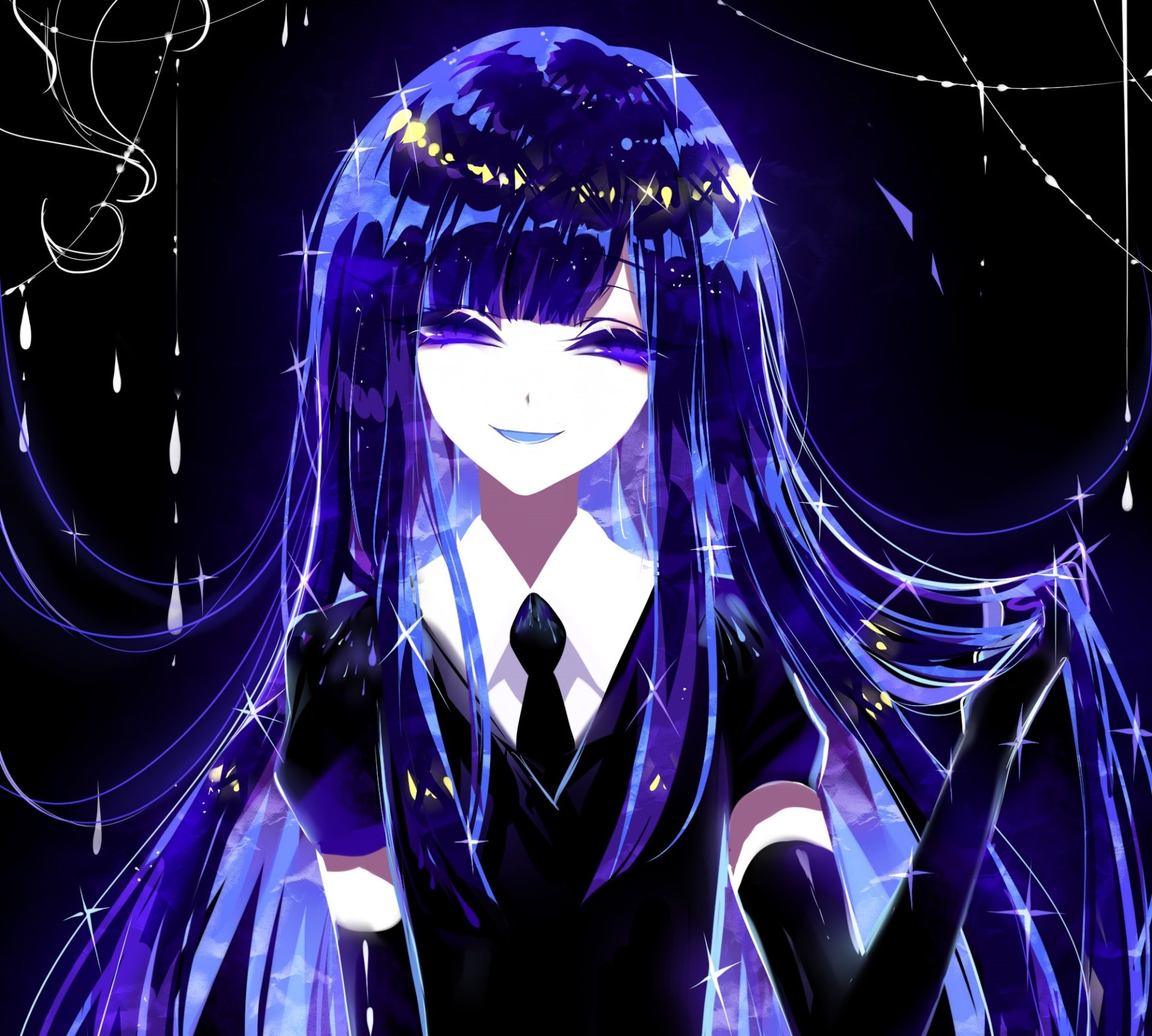 HD anime desktop wallpaper featuring Lapis Lazuli from Land of the Lustrous, showcasing her dark blue hair and serene smile against a starry, glowing background.