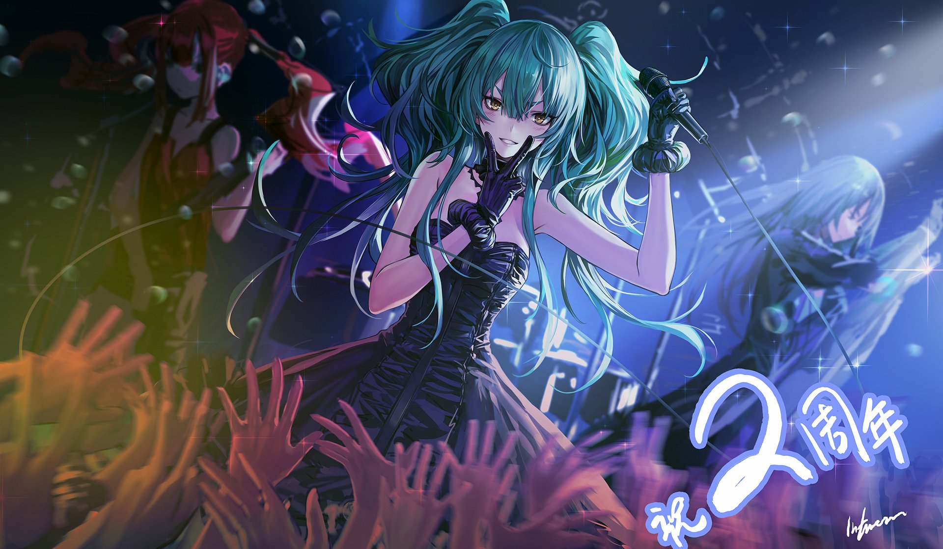 HD PC desktop wallpaper of Thunder with M950A and CZ75 from the video game Girls' Frontline, performing on a neon-lit stage before a cheering crowd.