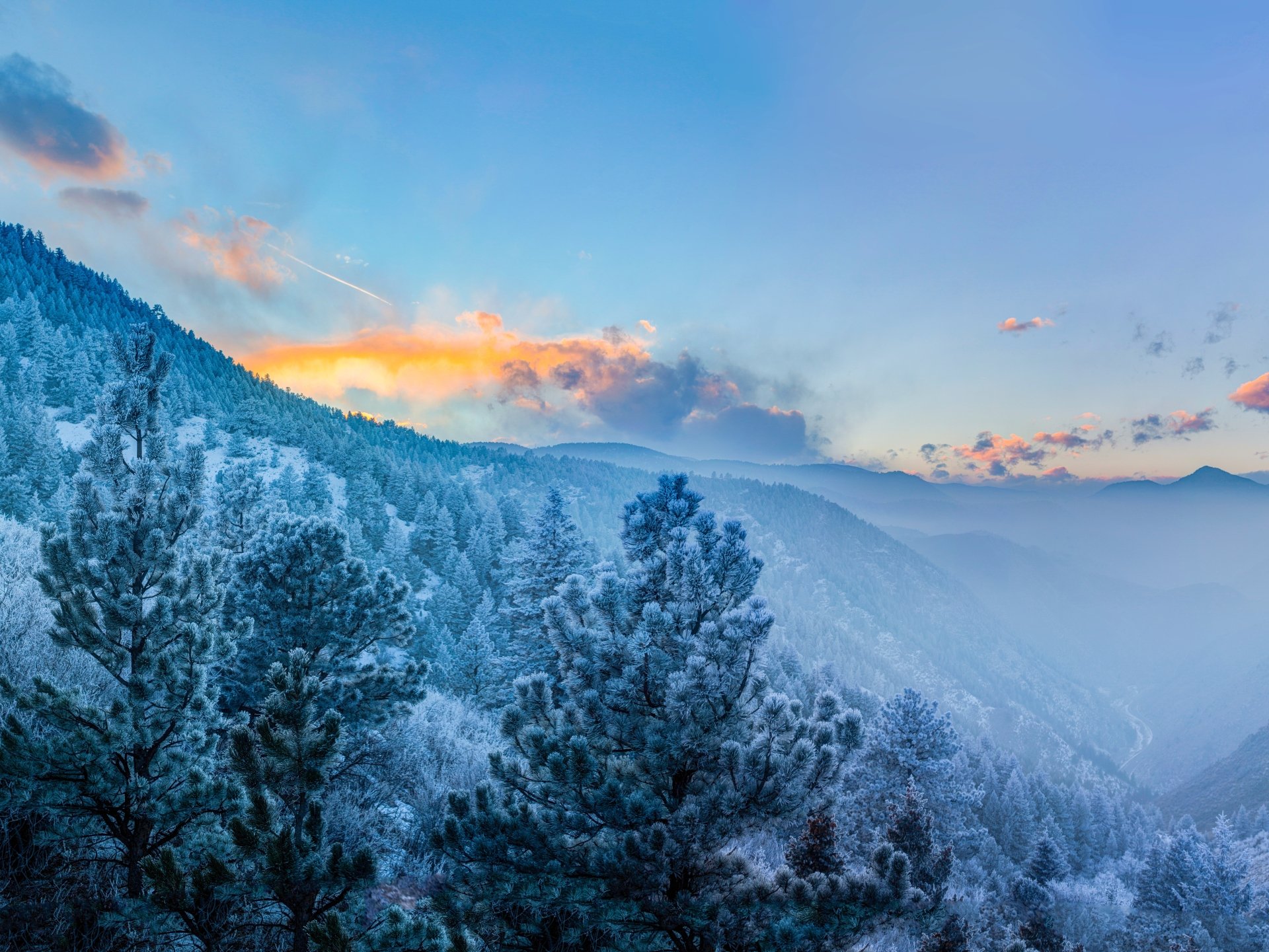 Winter mountain landscape with dense forest blanketed in frost and mist, captured in stunning 8K Ultra HD for a serene nature desktop wallpaper.