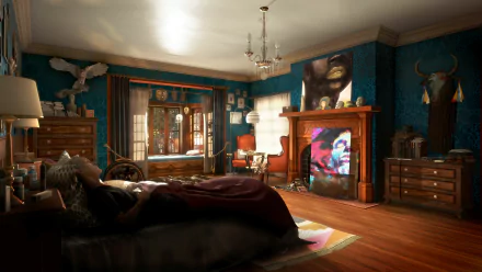 4K Ultra HD PC desktop wallpaper from the video game Detroit: Become Human — moody sunlit bedroom with vintage furniture, hardwood floors, mounted animals, and a glowing fireplace screen.