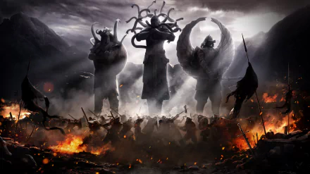 For Honor video game 8K Ultra HD PC desktop wallpaper: three towering armored warriors loom over a fiery, smoke-filled battlefield strewn with banners and silhouetted soldiers.