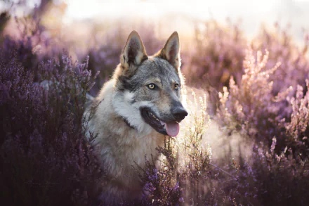 A wolfdog stands alert in a field of purple flowers, captured in a 4K Ultra HD PC desktop wallpaper showcasing natural animal beauty.
