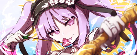 2K Quad HD PC desktop wallpaper featuring Euryale (Fate/Grand Order), anime close-up: pink-haired character with floral headpiece and lollipop, playful smirk against a bright sky