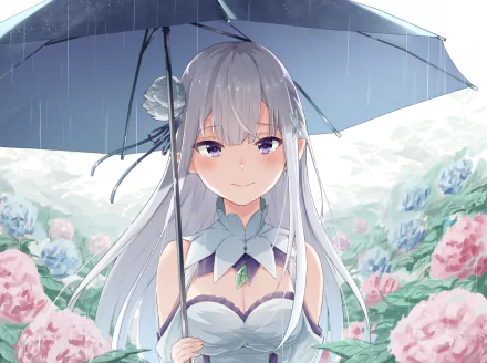 HD desktop wallpaper featuring Emilia from the anime Re:Zero - Starting Life in Another World holding an umbrella amidst a rainy garden filled with vibrant flowers.