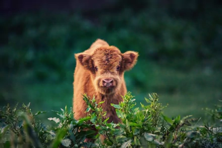 HD desktop wallpaper of a baby cow standing in green foliage, showcasing the animal's soft fur and curious expression in a natural outdoor setting.