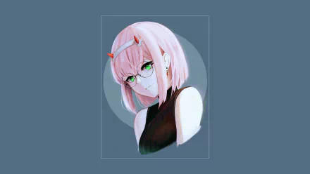 HD desktop wallpaper of Zero Two, a character from the anime Darling in the FranXX. She has pink hair, red horns, green eyes, and is wearing glasses and a black top.