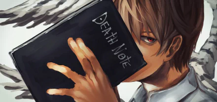 HD desktop wallpaper featuring Light Yagami from Death Note, showing his red eyes and brown hair, holding the Death Note book.
