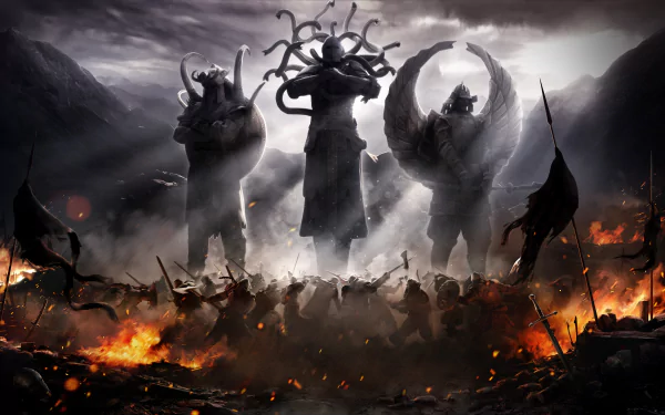 For Honor video game 8K Ultra HD PC desktop wallpaper: three towering armored warriors loom over a fiery, smoke-filled battlefield strewn with banners and silhouetted soldiers.