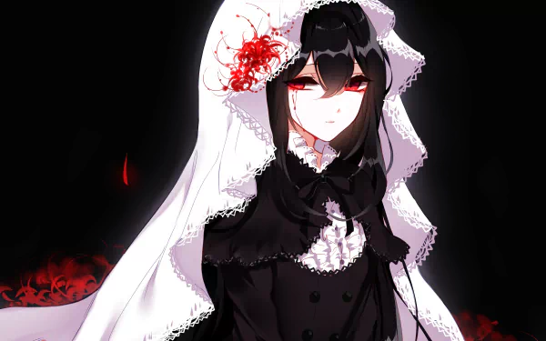 HD anime desktop wallpaper featuring Homura Akemi from Puella Magi Madoka Magica, dressed in a detailed black and white outfit with a dark, intense background.