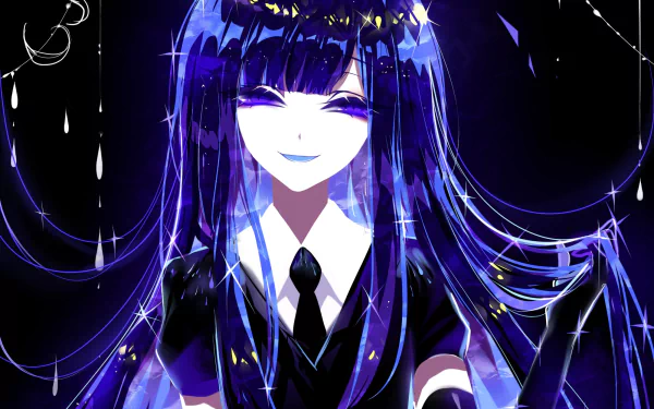 HD anime desktop wallpaper featuring Lapis Lazuli from Land of the Lustrous, showcasing her dark blue hair and serene smile against a starry, glowing background.