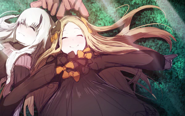 HD PC desktop wallpaper featuring anime characters Abigail Williams and Lavinia Whateley from Fate/Grand Order lying side by side in a serene, nature-filled setting.