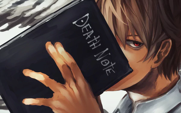HD desktop wallpaper featuring Light Yagami from Death Note, showing his red eyes and brown hair, holding the Death Note book.