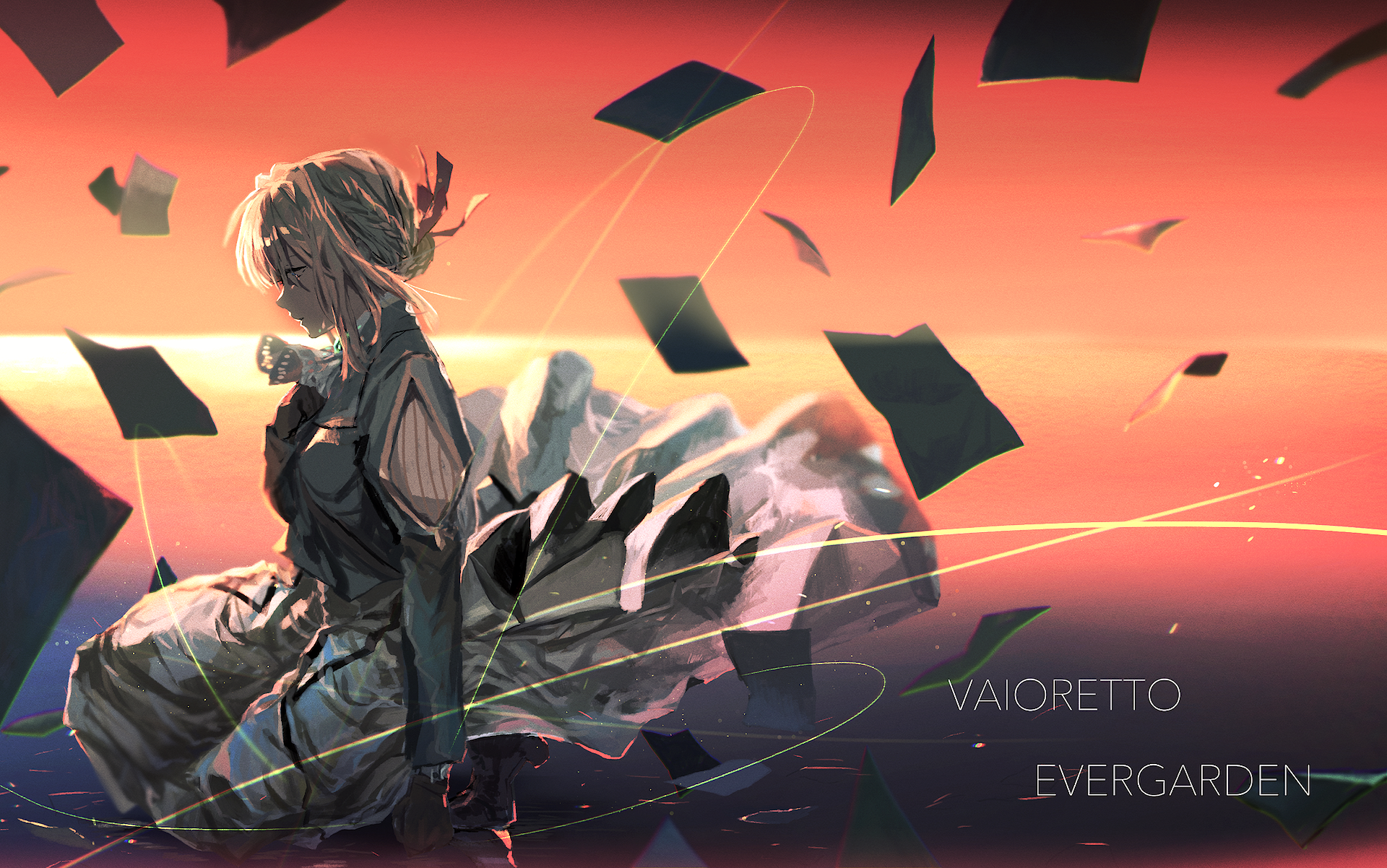 HD PC desktop wallpaper featuring anime character Violet Evergarden in a contemplative pose with scattered papers against a vibrant sunset background.
