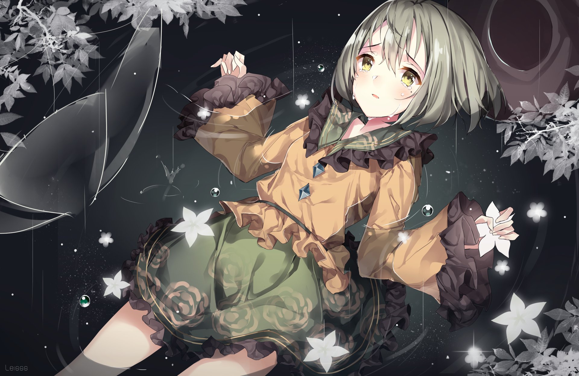 Anime-style illustration of Koishi Komeiji from Touhou amid falling rain and petals, rendered in detailed 4K Ultra HD quality for a vibrant PC desktop background.