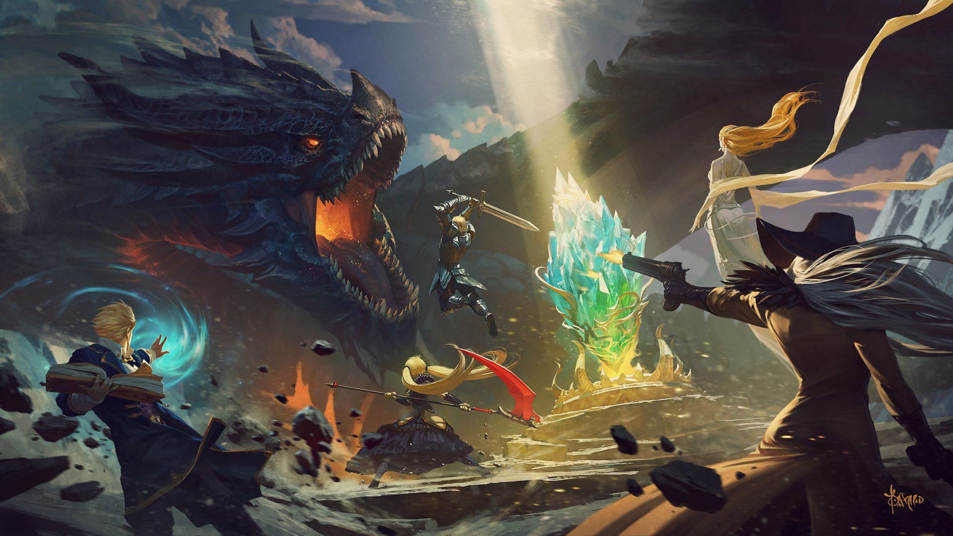 A high-definition fantasy wallpaper featuring a woman warrior and several fighters battling a colossal dragon near a radiant crystal, amidst an intense and dramatic landscape.