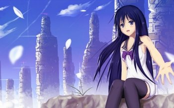 dark hair, standing, dark eyes, long hair, Gokukoku no Brynhildr, anime,  Neko Kuroha, Schlierenzauer Kazumi, anime girls, sky, stars, night,  stockings