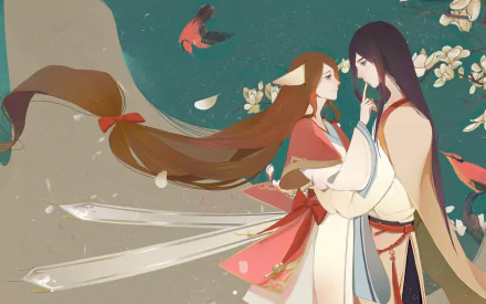 HD anime PC desktop wallpaper: Dongfang Yuechu and Tushan Honghong (Fox Spirit Matchmaker) share a tender moment among floating petals and graceful cranes.