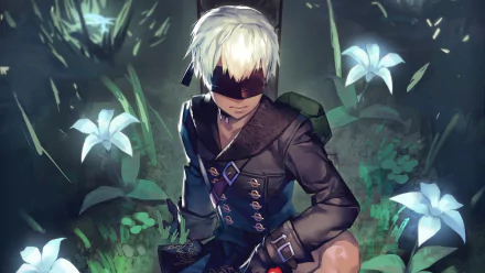 HD PC desktop wallpaper featuring YoRHa No.9 Type S from the video game NieR: Automata, surrounded by glowing white flowers in a dark, mystical setting.