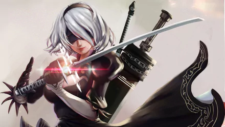 HD PC desktop wallpaper featuring YoRHa No.2 Type B from the video game NieR: Automata, showcasing the character wielding a katana with a dynamic pose.