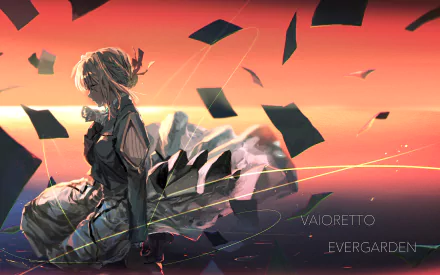 HD PC desktop wallpaper featuring anime character Violet Evergarden in a contemplative pose with scattered papers against a vibrant sunset background.