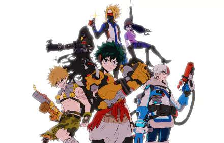 HD PC desktop wallpaper featuring a crossover of Overwatch and My Hero Academia characters including All Might, Toshinori Yagi, Fumikage Tokoyami, Katsuki Bakugou, Tsuyu Asui, Shoto Todoroki, and Izuku Midoriya.