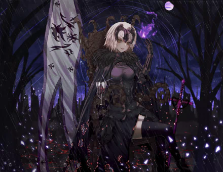 HD PC desktop wallpaper of Avenger Jeanne d'Arc Alter (Fate/Grand Order): gothic armored heroine with tattered banner, purple magic and dark, moonlit forest background.